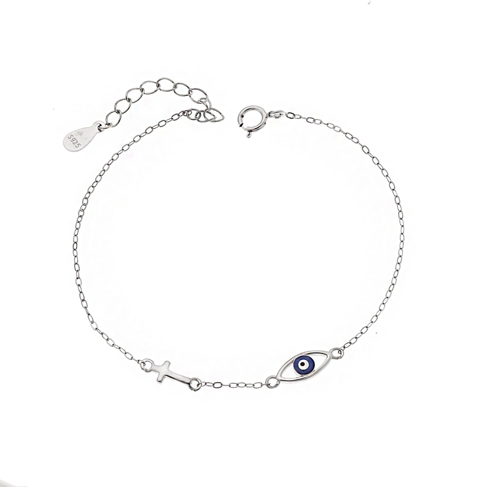 Βραχιόλι Από Ασήμι 925 Με Μάτι Σμάλτο Μπλε & Λευκό Και Σταυρουδάκι